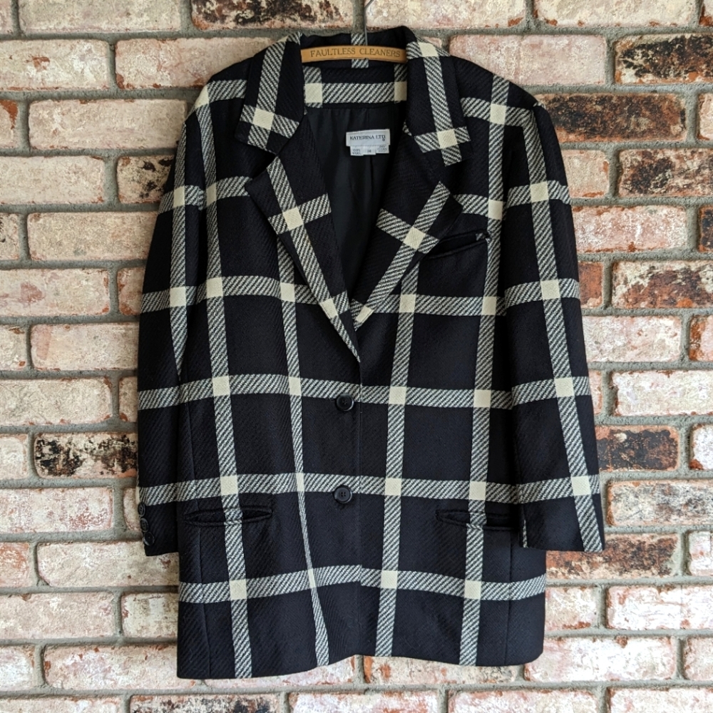 🐦‍⬛ Vintage 100% Wool Black & White Windowpane Plaid Coat 14 Katerina Ltd.